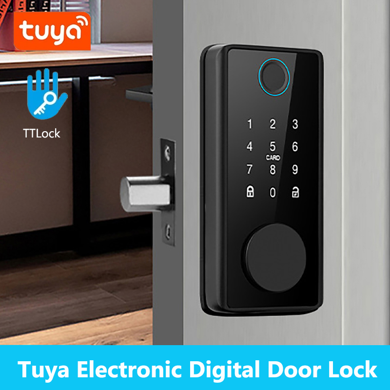 Smart Home Door Lock - スマート指紋認証デッドボルトロック（ラッチ/ドアセンサー付き）TT Lockアプリ対応、パスワード/カード/キーで解錠、Tuya対応電動木製ドアロック
